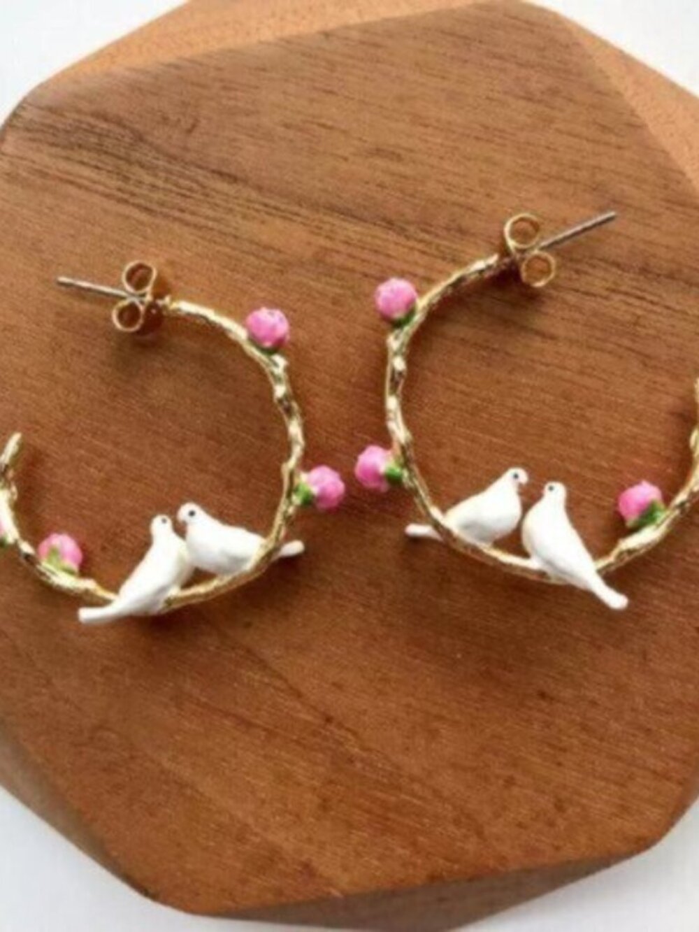 Les Nereides DOVE COUPLE AND SMALL PEONIES HOOP EARRINGS - Picture 2 of 6